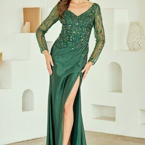 Long sleeve formal dress.Fitted mother of the bride green,mocha,gray,party gown